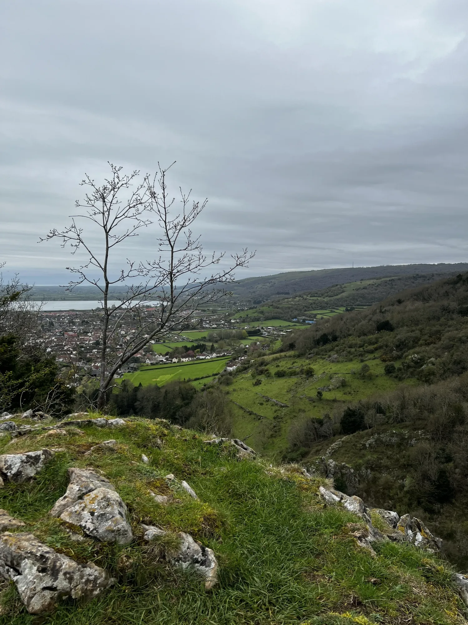 Looking out over Cheddar village and the reservoir from the cliff-top path